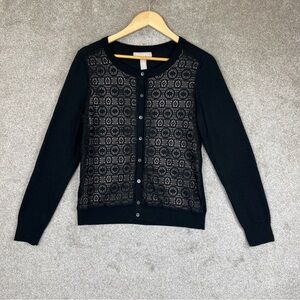 Banana Republic Cardigan Womens Medium Black Wool Blend Lace Front Button- 2791*
